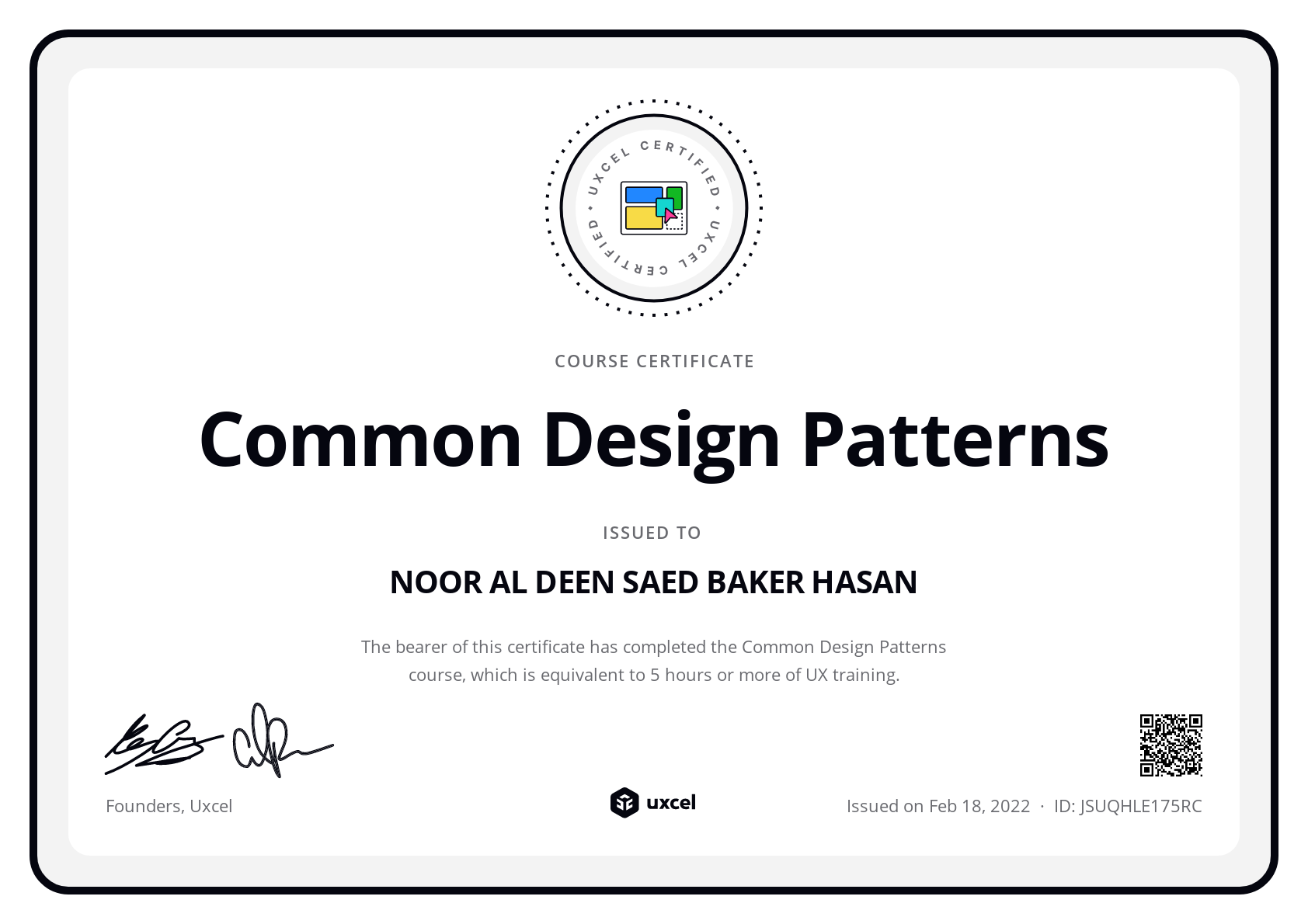 NOOR AL DEEN SAED BAKER HASAN's certificate